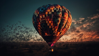 Colorful balloon soars through nature fiery sunset generated by AI