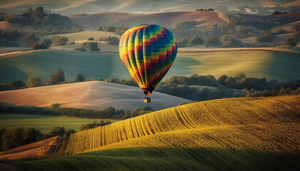 Flying hot air balloon over mountain landscape generated by AI