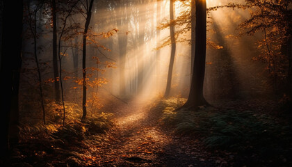 Mysterious forest path illuminated by vibrant sunlight generated by AI