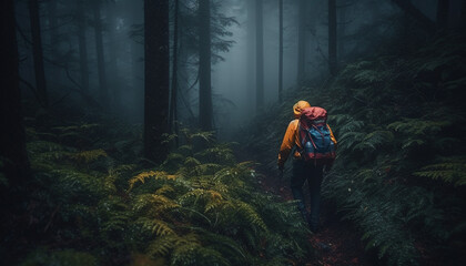 Backpacker hiking through foggy mountain landscape alone generated by AI