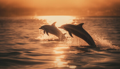 Playful dolphins jumping in the sunset sea generated by AI