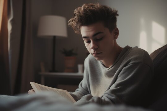 Male Caucasian teenager reading books in bedroom casual relaxing. Generative AI AIG23.