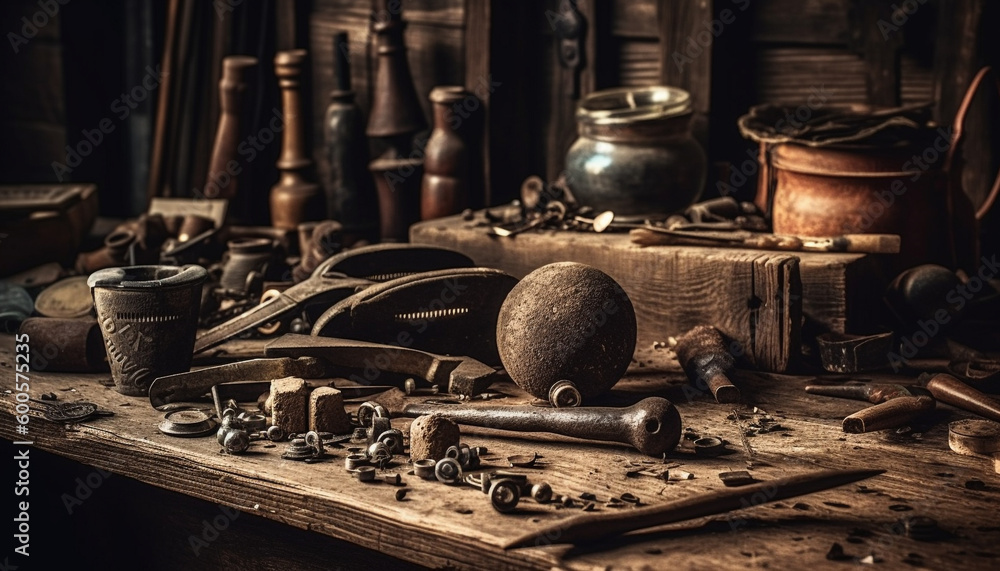 Poster old fashioned carpenter workshop with rustic tools generated by ai