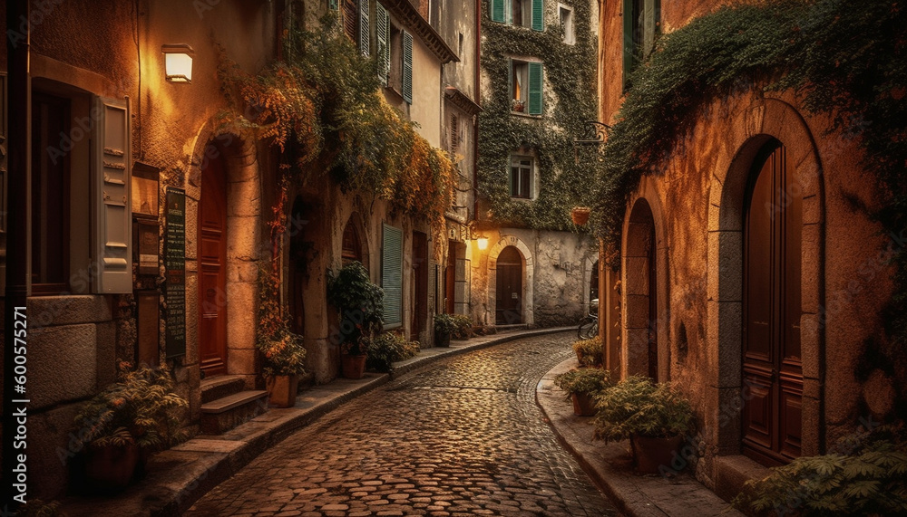 Poster medieval arch illuminates narrow cobblestone footpath at dusk generated by ai