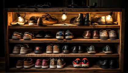 Shoe collection on wooden shelf, leather variations generated by AI