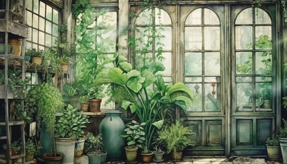 Fototapeta na wymiar Watercolour illustration of a green hause pot plants arrangement on a wooden rustic vintage window. Greeting card or envelope artwork print project no 8.