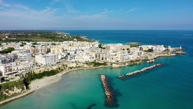 Aerial view of Otranto town on the Salento Peninsula in the south of Italy, Easternmost city in Italy (Apulia) on the coast of the Adriatic Sea. View of Otranto town, Puglia region, Italy.