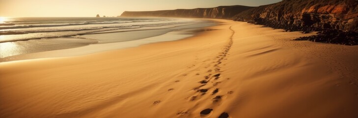 Fototapeta na wymiar A tranquil beach with golden sand. Horizontal banner. AI generated