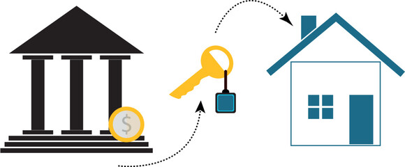 High-resolution vector icon featuring a house, key, and bank. Ideal for real estate, finance, and home security services. The symbol represents secure and trustworthy access to homeownership and mortg