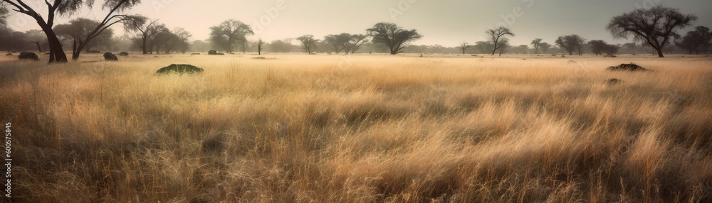 Poster a vast field with tall grass and scattered trees. horizontal banner. ai generated