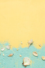 Blue sea salt with seashells and starfishes on yellow background