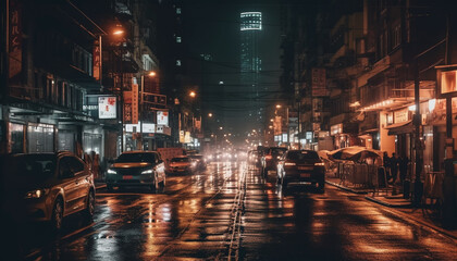 Fototapeta na wymiar Illuminated cityscape, nightlife, blurred motion, crowded street generated by AI