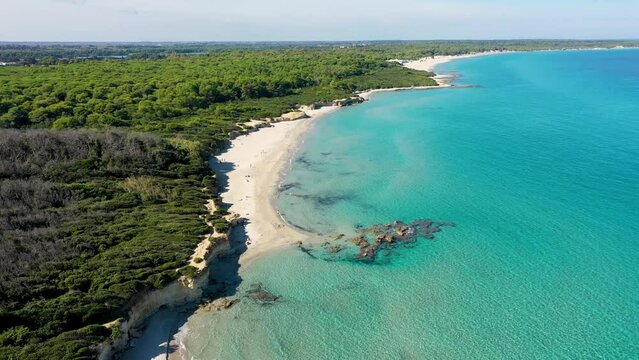 Aerial view of Baia dei Turchi, Puglia region, Italy. Turkish Bay (or Baia dei Turchi), this coast of Apulia is one of the most important ecosystems in Salento, Italy. Seacoast of Baia dei Turchi.