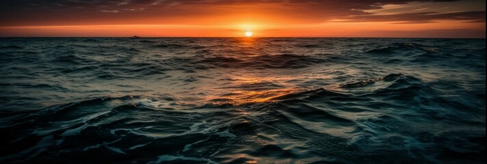 Fototapeta premium A vibrant sunset over a calm ocean. Horizontal banner. AI generated