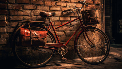 Naklejka na ściany i meble Old fashioned bicycle leans against rustic brick wall generated by AI