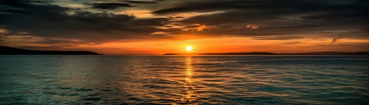 A vibrant sunset over a calm ocean. Horizontal banner. AI generated
