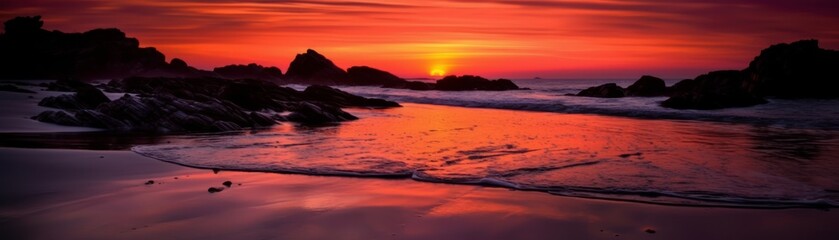 A vibrant sunset over a calm ocean reflecting brilli. Horizontal banner. AI generated