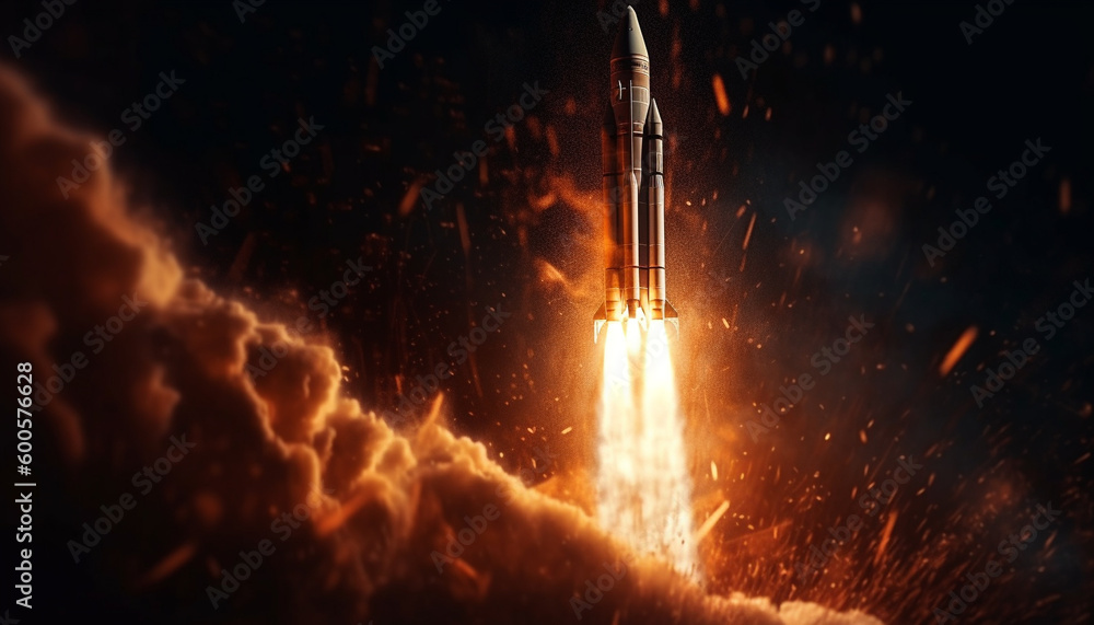 Poster futuristic spaceship flying through exploding nebula danger generated by ai