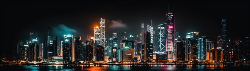 Naklejka premium A vivid city skyline at night full of twinkling ligh. Horizontal banner. AI generated