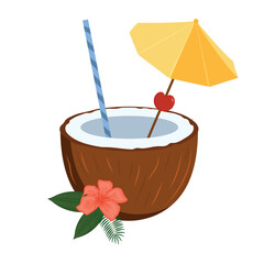 Tropical cocktail in a coconut with an umbrella, a straw. Coconut cocktail.