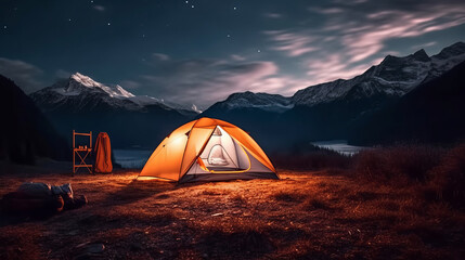 Outdoor camping photo. tent in the middle of nature, beautiful landscape. nighttime. natural, protected area. image created with ai