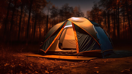 Outdoor camping photo. tent in the middle of nature, beautiful landscape. natural, protected area. nighttime image created with ai