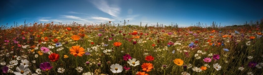 Fototapeta na wymiar A whimsical field of flowers under a bright blue sky. Horizontal banner. AI generated