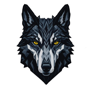 Low poly triangular dog wild wolf face on grey background, symmetrical vector illustration isolated. Polygonal style trendy modern logo design. Suitable for printing on a t-shirt