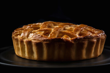 Freshly baked apple pie lies on on a dark plate. Fresh tasty apple pie on a black background. Generated by AI