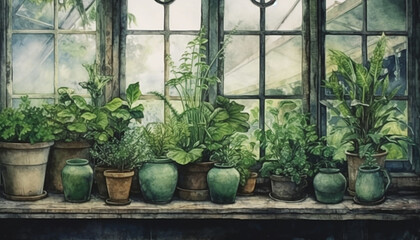 Watercolour illustration of a green hause pot plants arrangement on a wooden rustic vintage window. Greeting card or envelope artwork print project no 1.