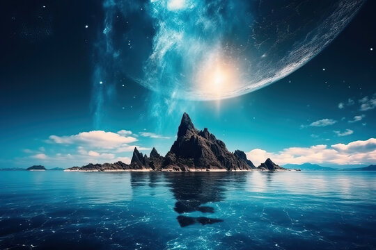 New earth nature with water, beautiful oneness bright nature blue star and siland in middle, reflection in water, Feauture Concept, Generative AI