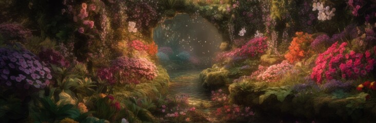 Fototapeta na wymiar An enchanted garden filled with blooming flowers. Horizontal banner. AI generated