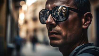 Modern man with funky sunglasses in city life generated by AI
