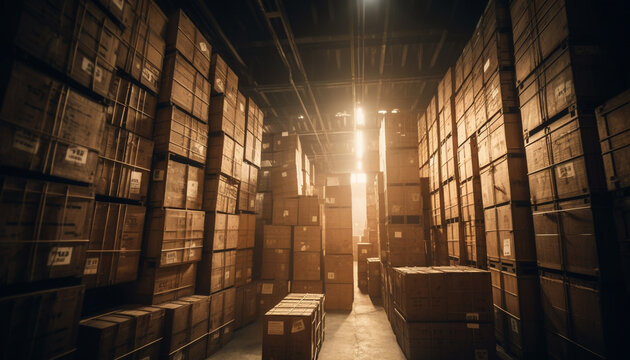 Stacked crates in dim warehouse, awaiting transportation generated by AI
