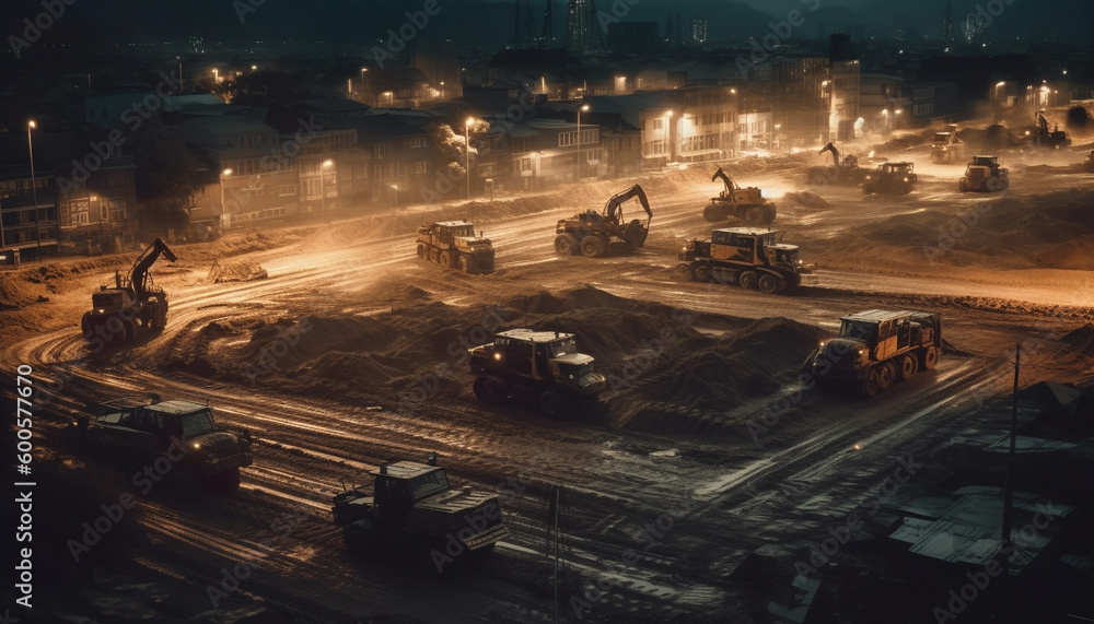 Wall mural heavy machinery working on construction site at dusk generated by ai