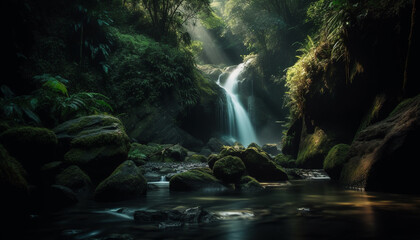 Majestic waterfall flows through tropical rainforest paradise generated by AI