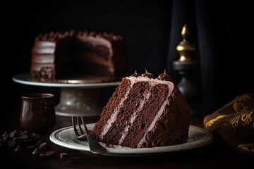 Slice of tasty chocolate cake on plate. Ai generative.