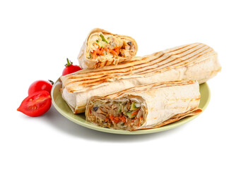 Plate with tasty shawarma and tomatoes on white background
