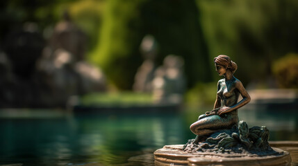 Bronze mermaid fountain in the park's lake