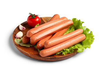Plate with tasty sausages and lettuce on white background