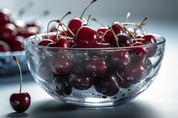 Ripe appetizing cherries in a large transparent glass bowl on a white table made with generative AI