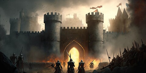 Fototapeta Storming of medieval castle fortress siege of city chaos. Generative AI AIG15. obraz