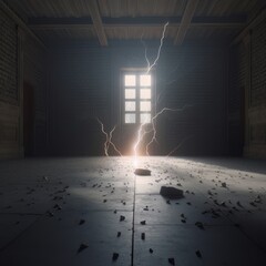 Lightning strike indoors living room near the window made with generative AI