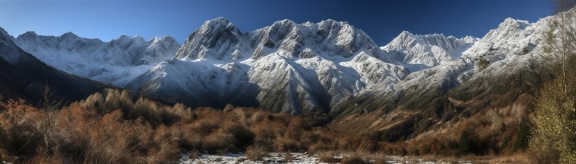 Snow-capped mountains basking in the sun. Horizontal banner. AI generated