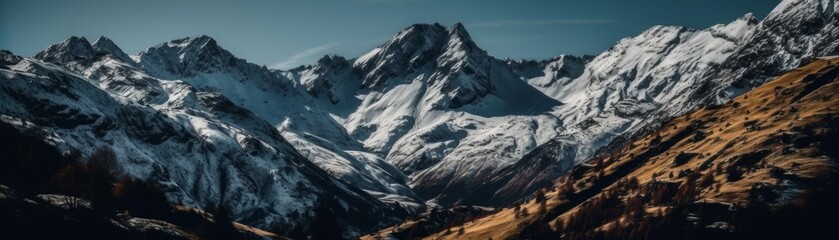 Fototapeta premium Snow-capped mountains basking in the sun. Horizontal banner. AI generated