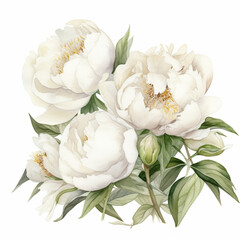 Composition of White Watercolor Peonies.