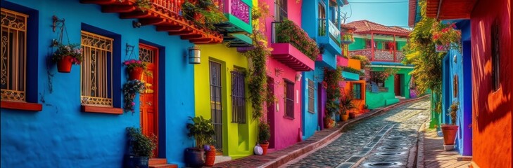 Fototapeta na wymiar Vibrant and colorful street full of life. Horizontal banner. AI generated