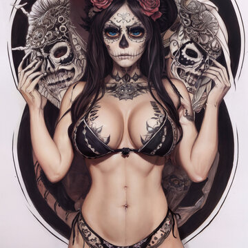 A ilustration-type image of a girl masked as a Mexican skull in bikini, created using AI technology