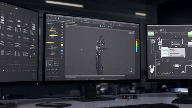 3D automotive equipment producing the prototype of the robotic arm prosthetic. 3D automotive engineering software creates hand replacement prototype. 3D automotive machine assembles prototype.