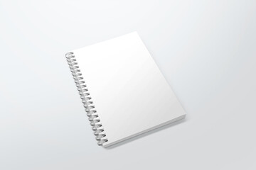 Blank spiral notebook template. Isometric view, on white background. Realistic mockups. For your mockups. 3D illustration, 3D rendering.